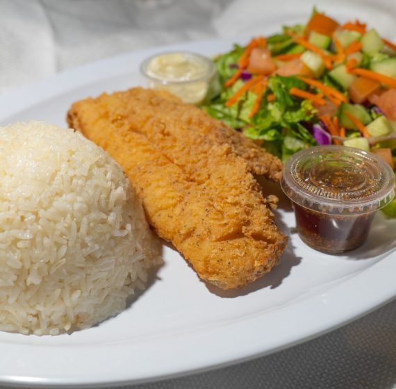 Crispy, pan-fried fish fillet. Served with garlic rice and our house salad.